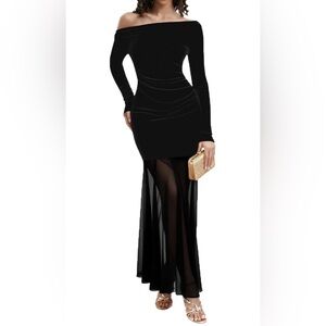 Mesh Long Sleeve Off Shoulder Bodycon Maxi Dress